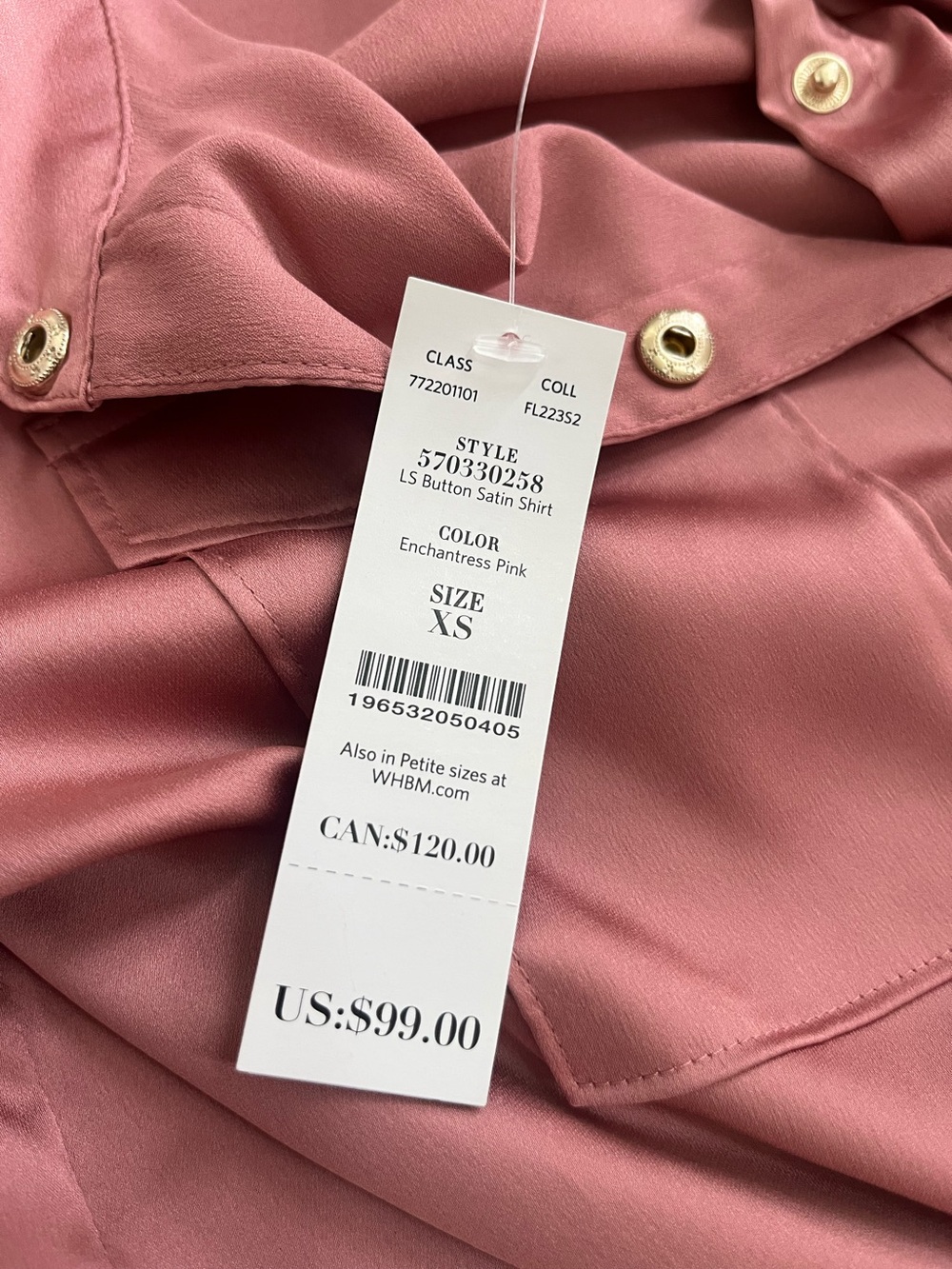 White House Black Market Satin Top Button Front Blouse Pink XS Silky Luxe - Picture 6 of 7